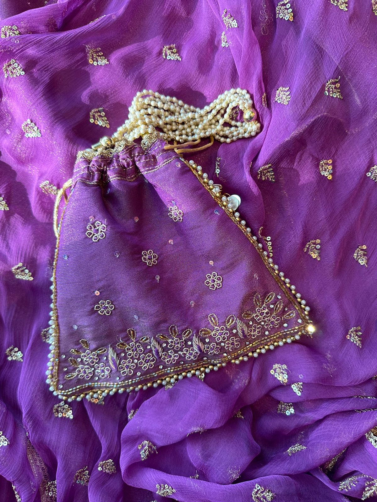 Tissue unstitched full size shirt with neck embroidery done (Unstitched shirt)  Handwork done on the neckline