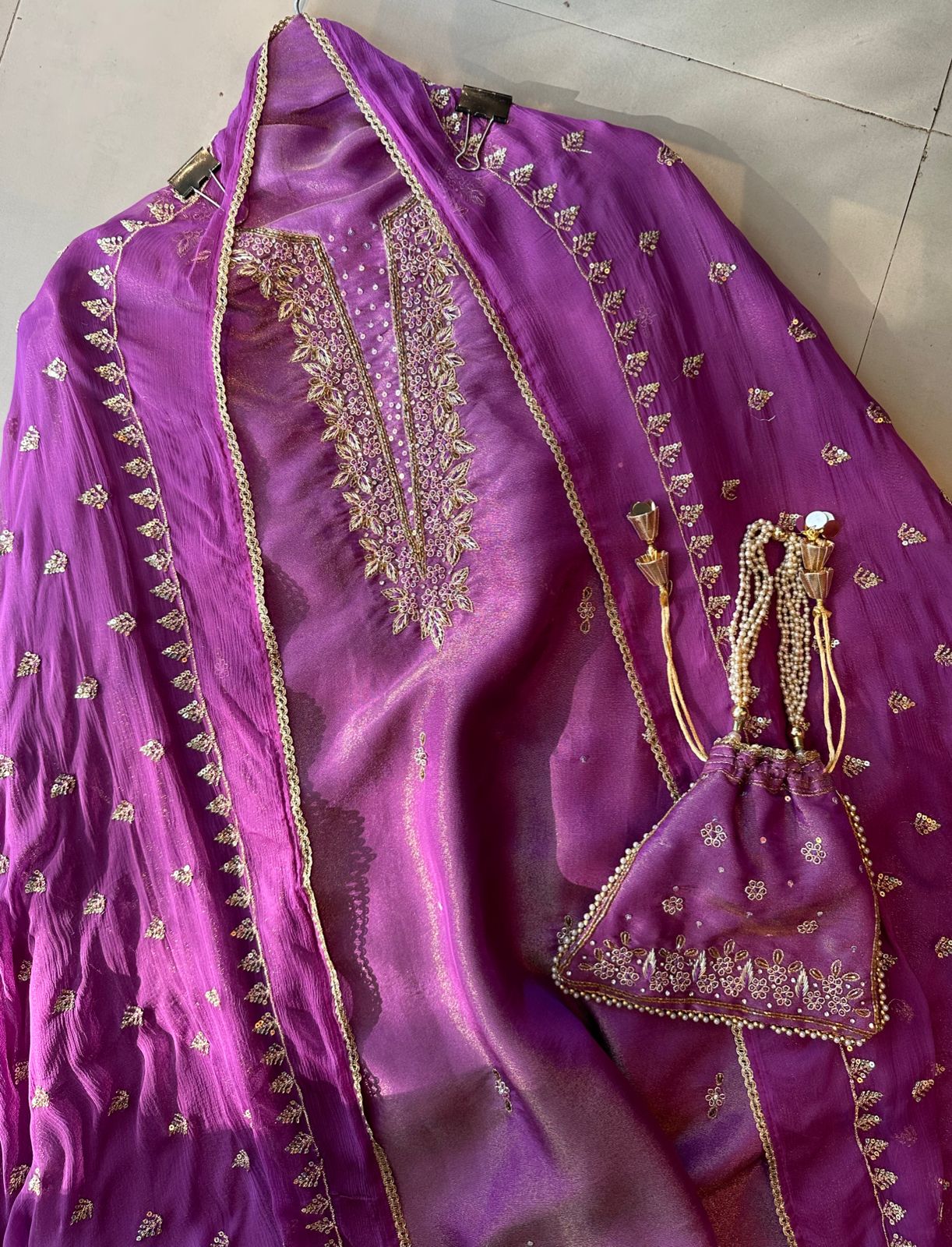 Tissue unstitched full size shirt with neck embroidery done (Unstitched shirt)  Handwork done on the neckline