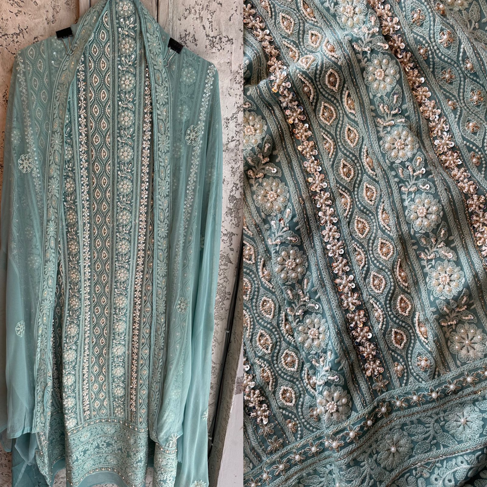 Pure Georgette Suits with Handwork done (Pearl work) with Pure chiffon