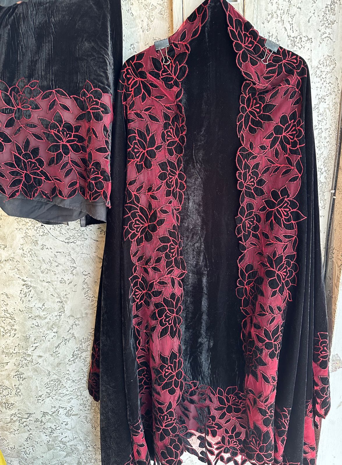 Plain velvet unstitched full size shirt with very beautiful Cutwork Applique work done