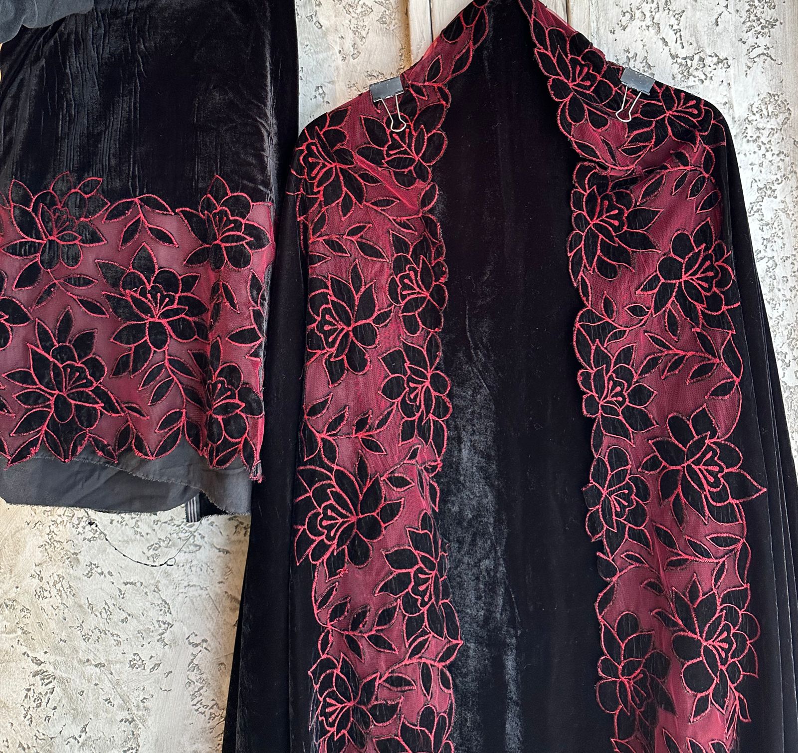 Plain velvet unstitched full size shirt with very beautiful Cutwork Applique work done