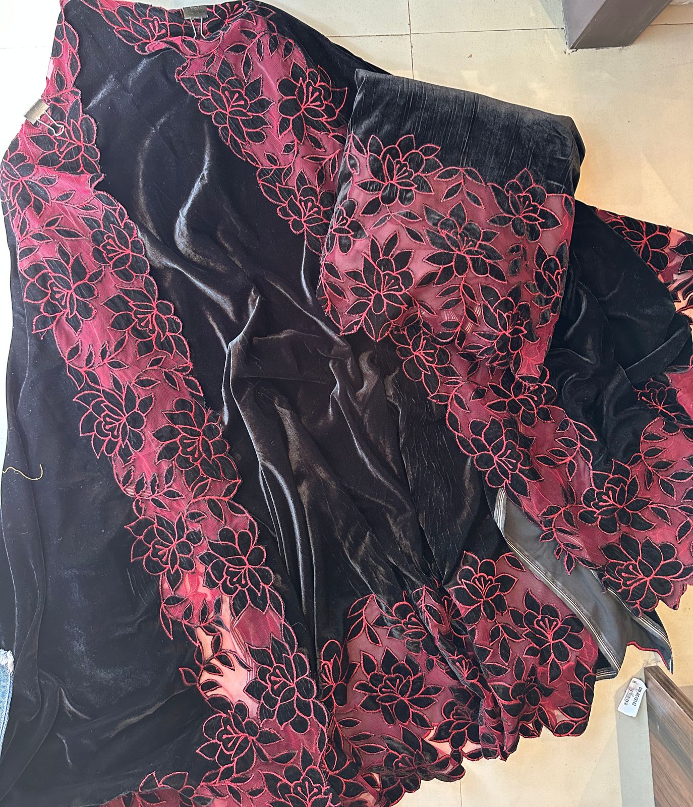 Plain velvet unstitched full size shirt with very beautiful Cutwork Applique work done