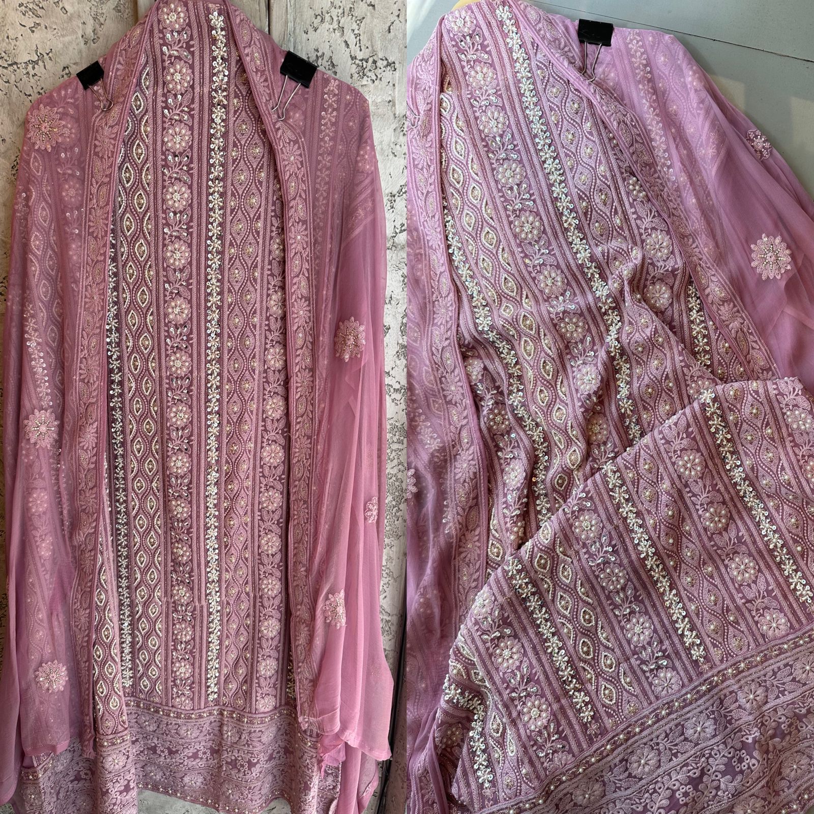 Pure Georgette Suits with Handwork done (Pearl work) with Pure chiffon embroidered Dupatta