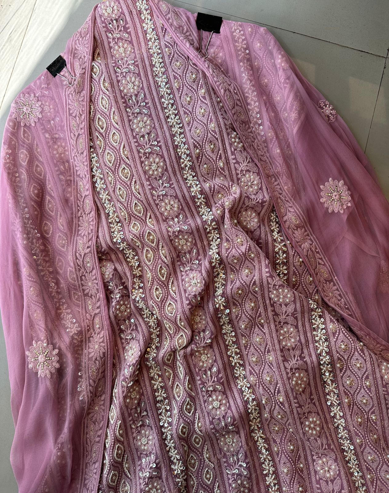 Pure Georgette Suits with Handwork done (Pearl work) with Pure chiffon embroidered Dupatta