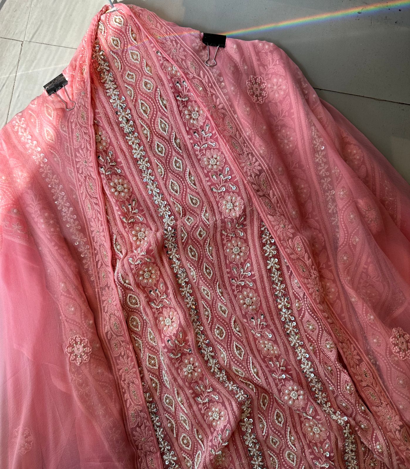 Pure Georgette Suits with Handwork done (Pearl work) with Pure chiffon embroidered Dupatta