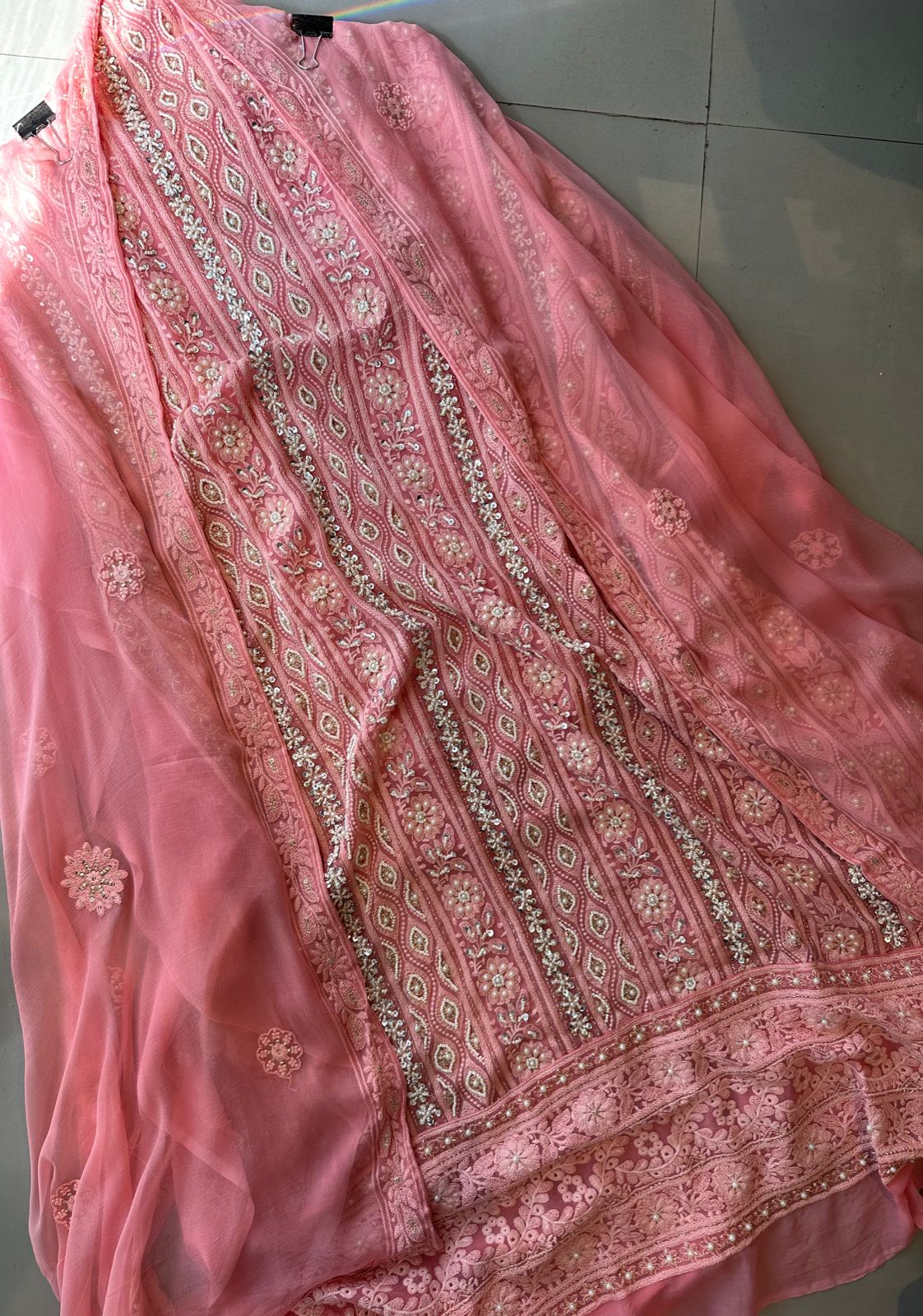 Pure Georgette Suits with Handwork done (Pearl work) with Pure chiffon embroidered Dupatta