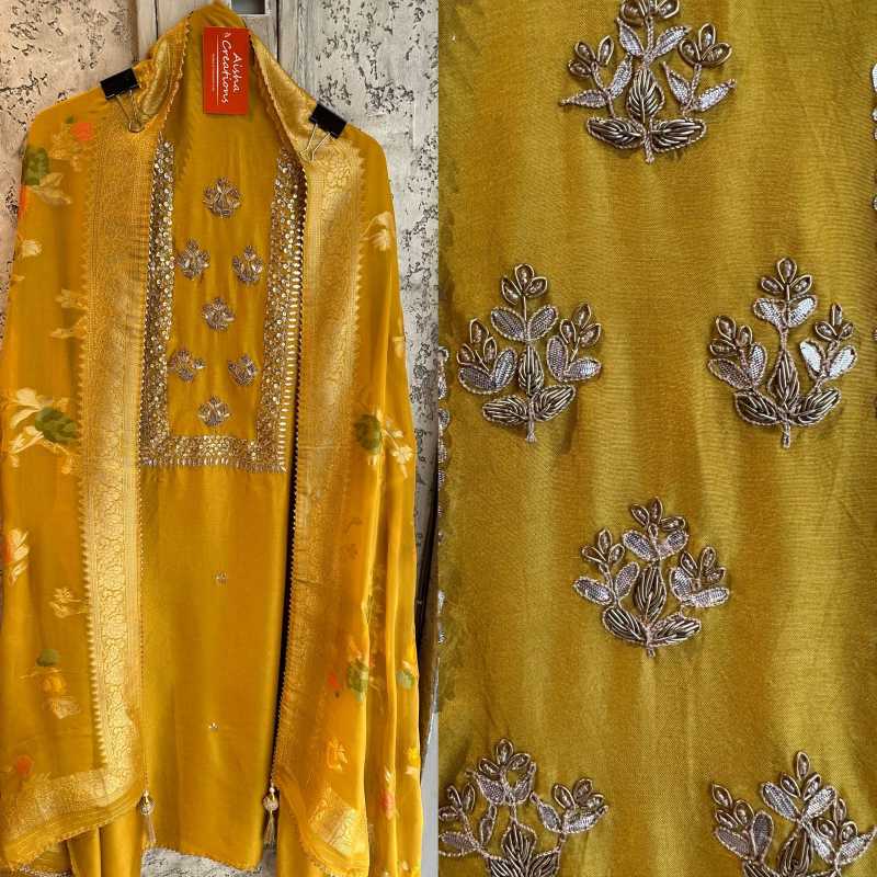 Pure mulberry silk shirt with very beautiful sequence dabka and gotta work on the neckline