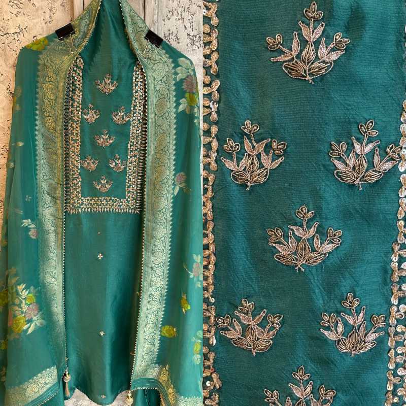 Pure mulberry silk shirt with very beautiful sequence dabka and gotta work on the neckline