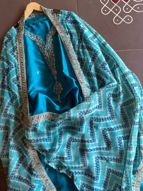 Pure silk shirt with very smart Dori and sequence embroidered neckline