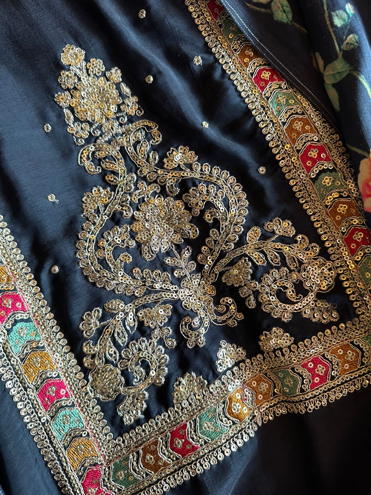 Pure silk shirt with very pretty embroidered Neckwork with zari and sequence kadhai