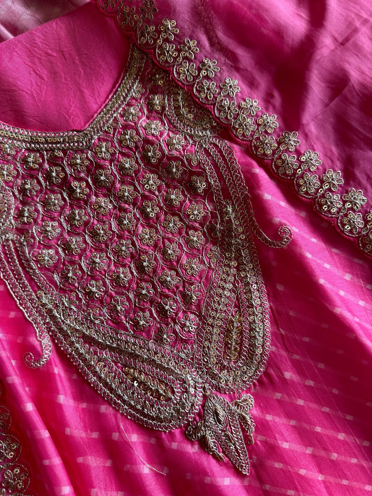 Pure russian silk unstitched shirt with beautiful designer pattern plus zari dori