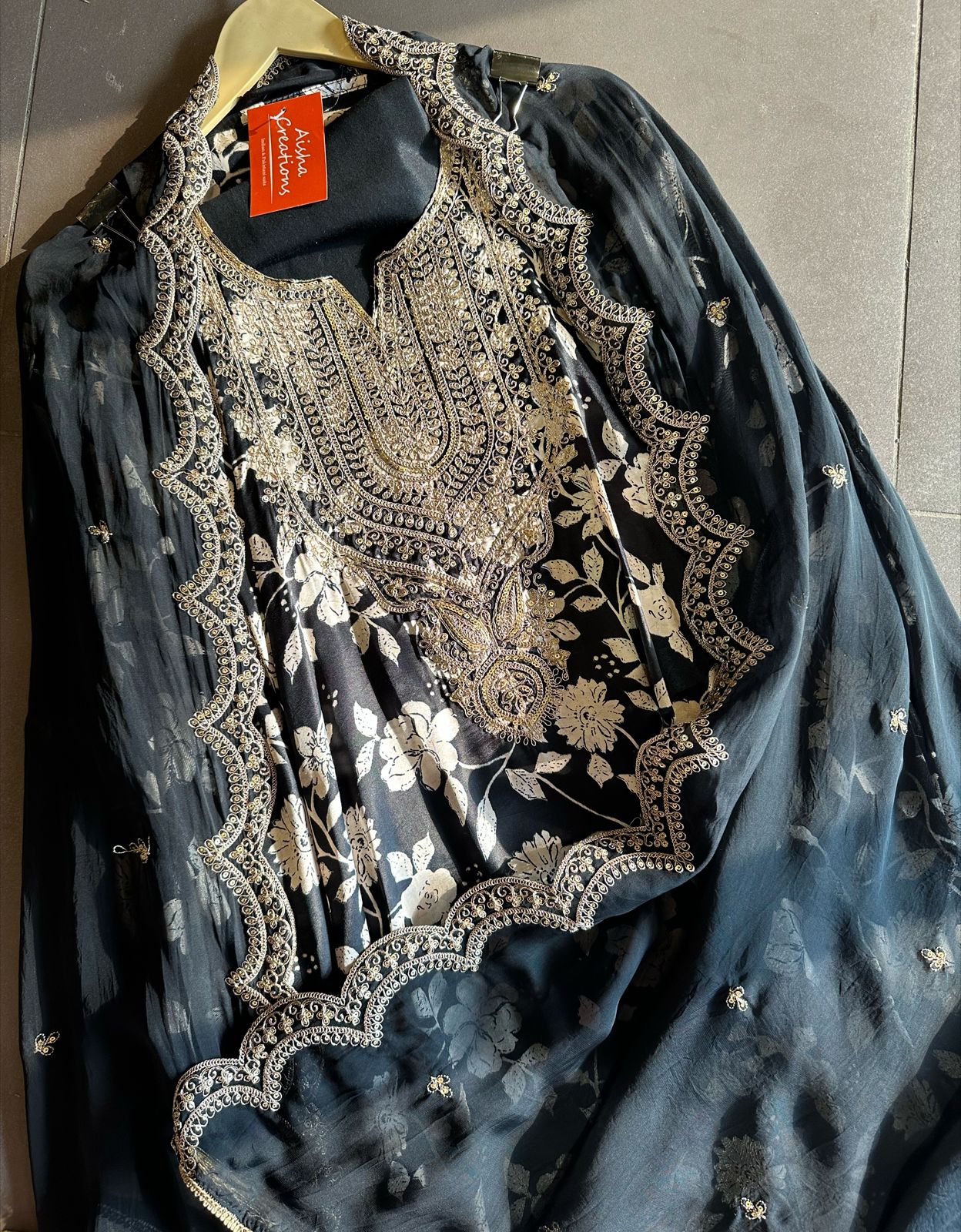 Pure gajji silk(satin silk) designer unstiched full size shirt with beautiful print plus sequence