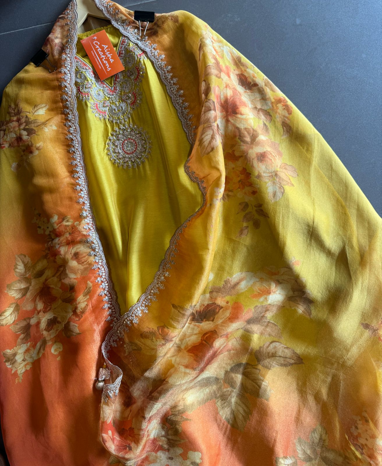 Pure silk shirt (Unstitched) full size shirt with Only neck work done