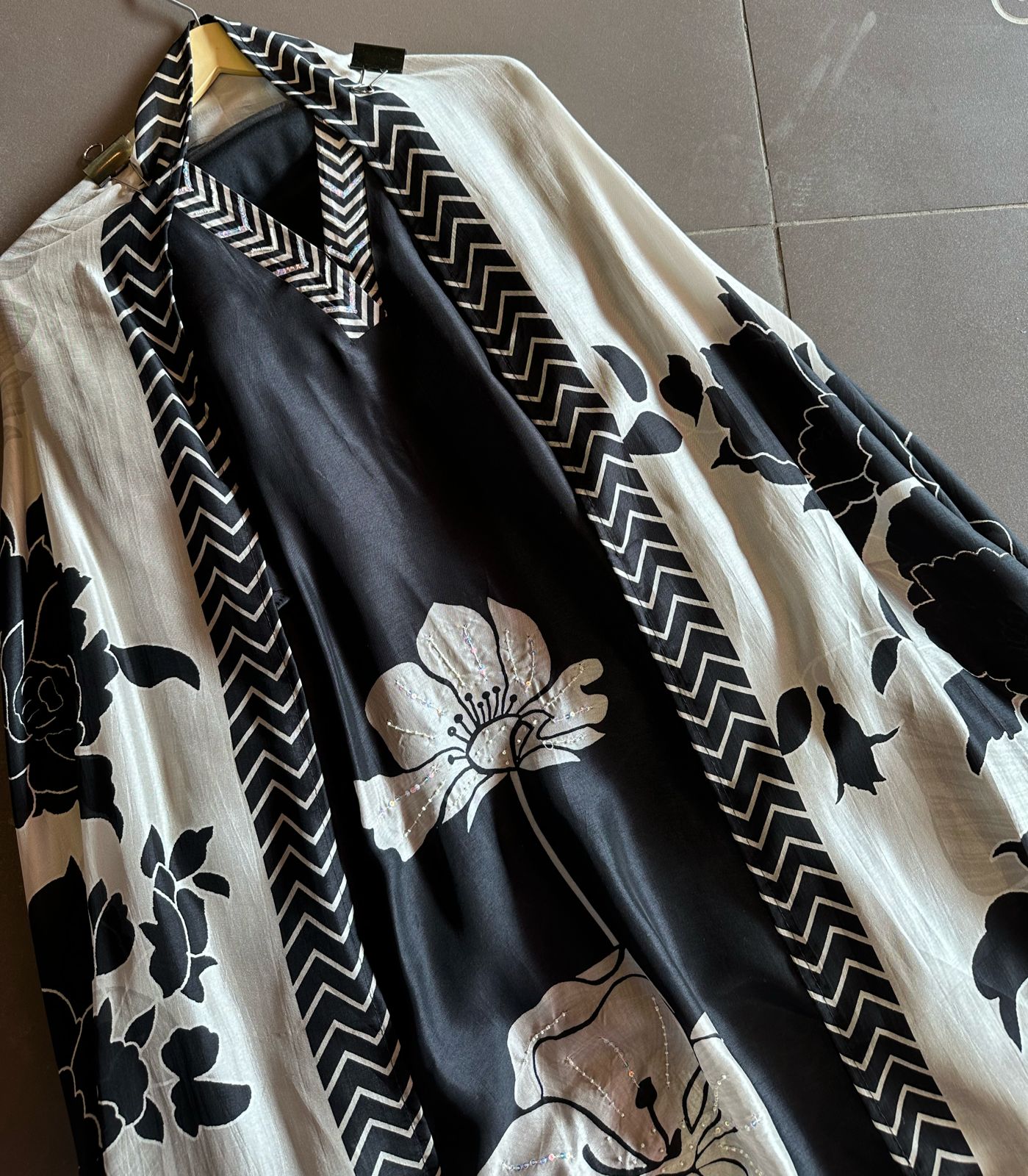 Pure mulberry silk unstitched shirt with very smart digital print with sequence highlights