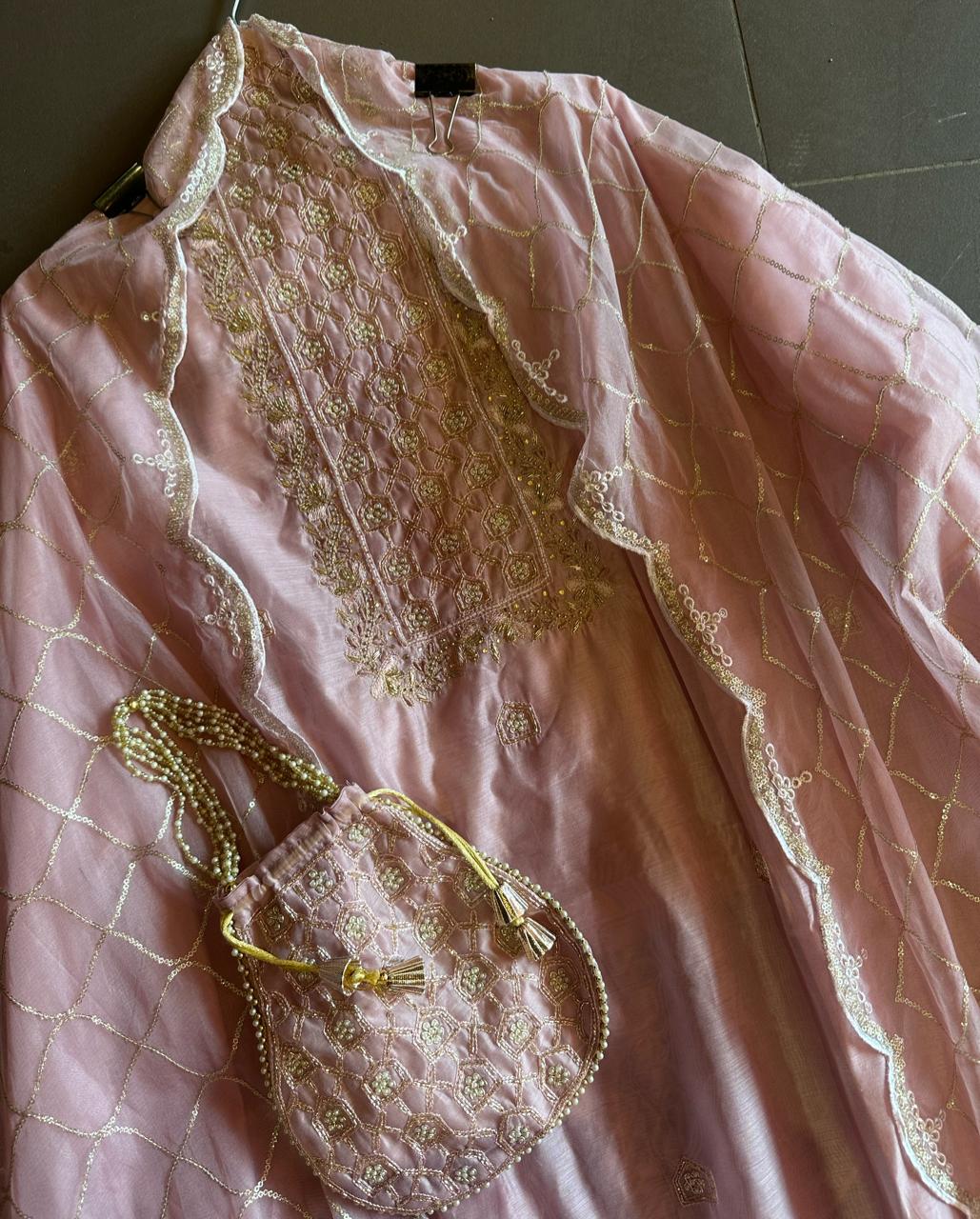 Pure chanderi Unstitched Shirt Nalki work on the neckline