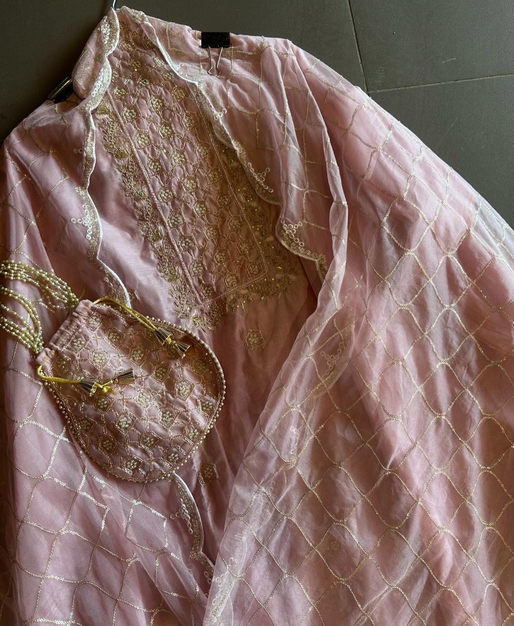 Pure chanderi Unstitched Shirt Nalki work on the neckline