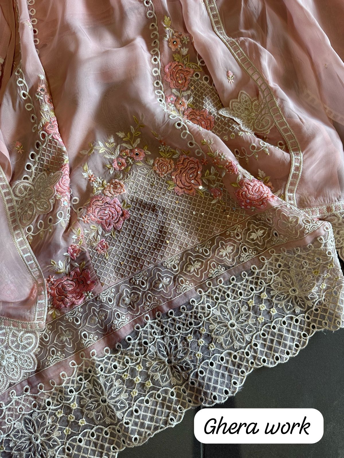 Super soft organza semi stitched shirt with complete thread embroidery done.