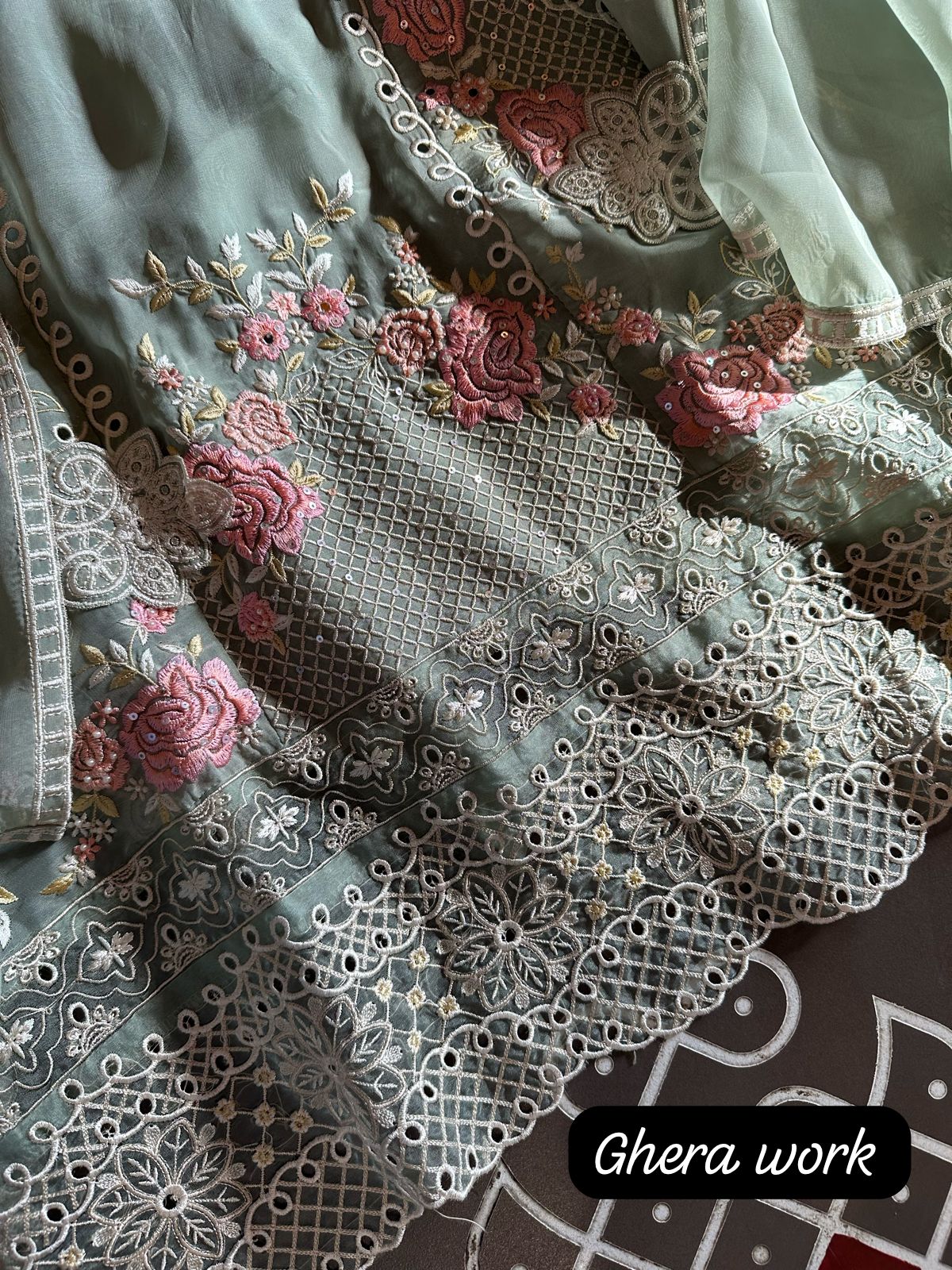 Super soft organza semi stitched shirt with complete thread embroidery done.