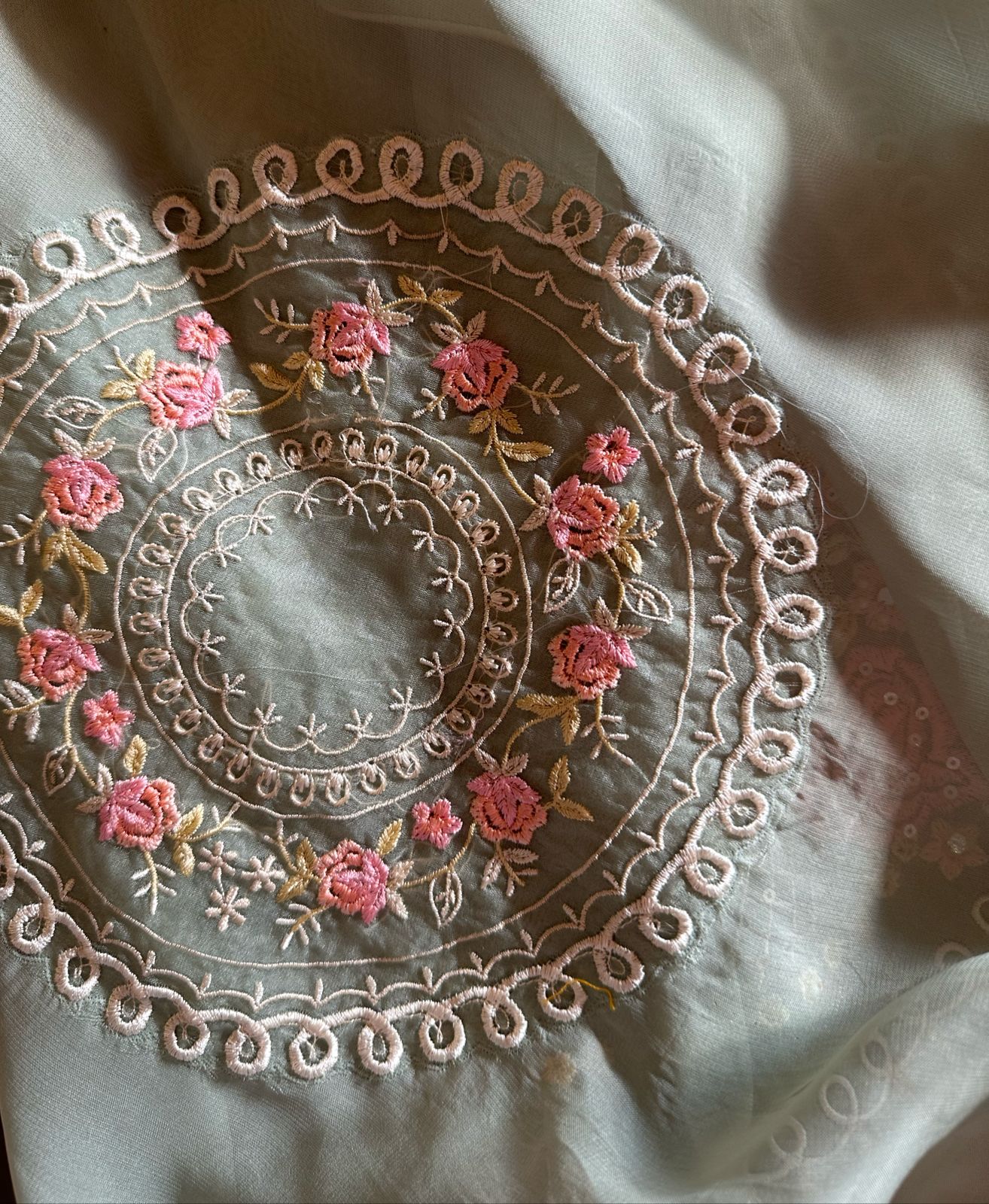 Super soft organza semi stitched shirt with complete thread embroidery done.