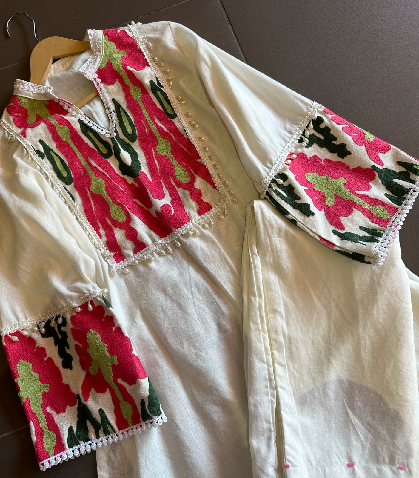 Pure cotton linen stitched Coord set with very gorgeous batik weaving on the neckline