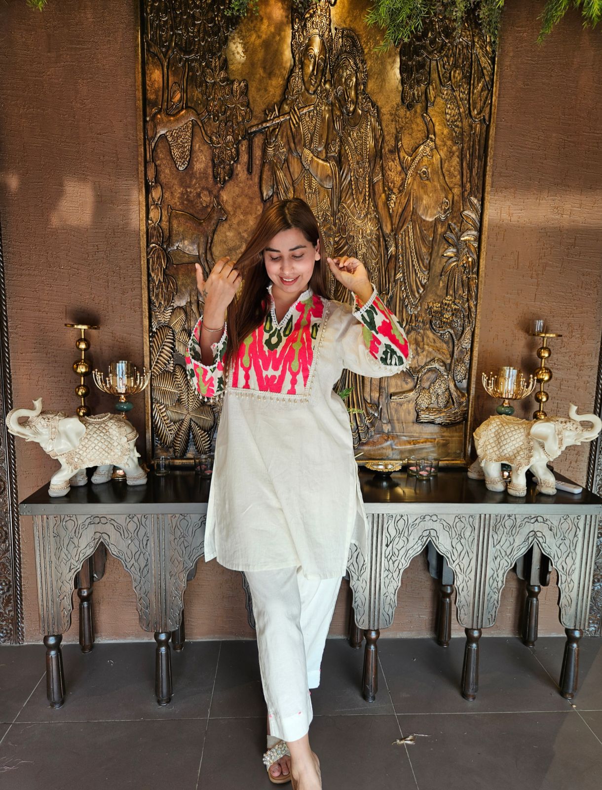 Pure cotton linen stitched Coord set with very gorgeous batik weaving on the neckline