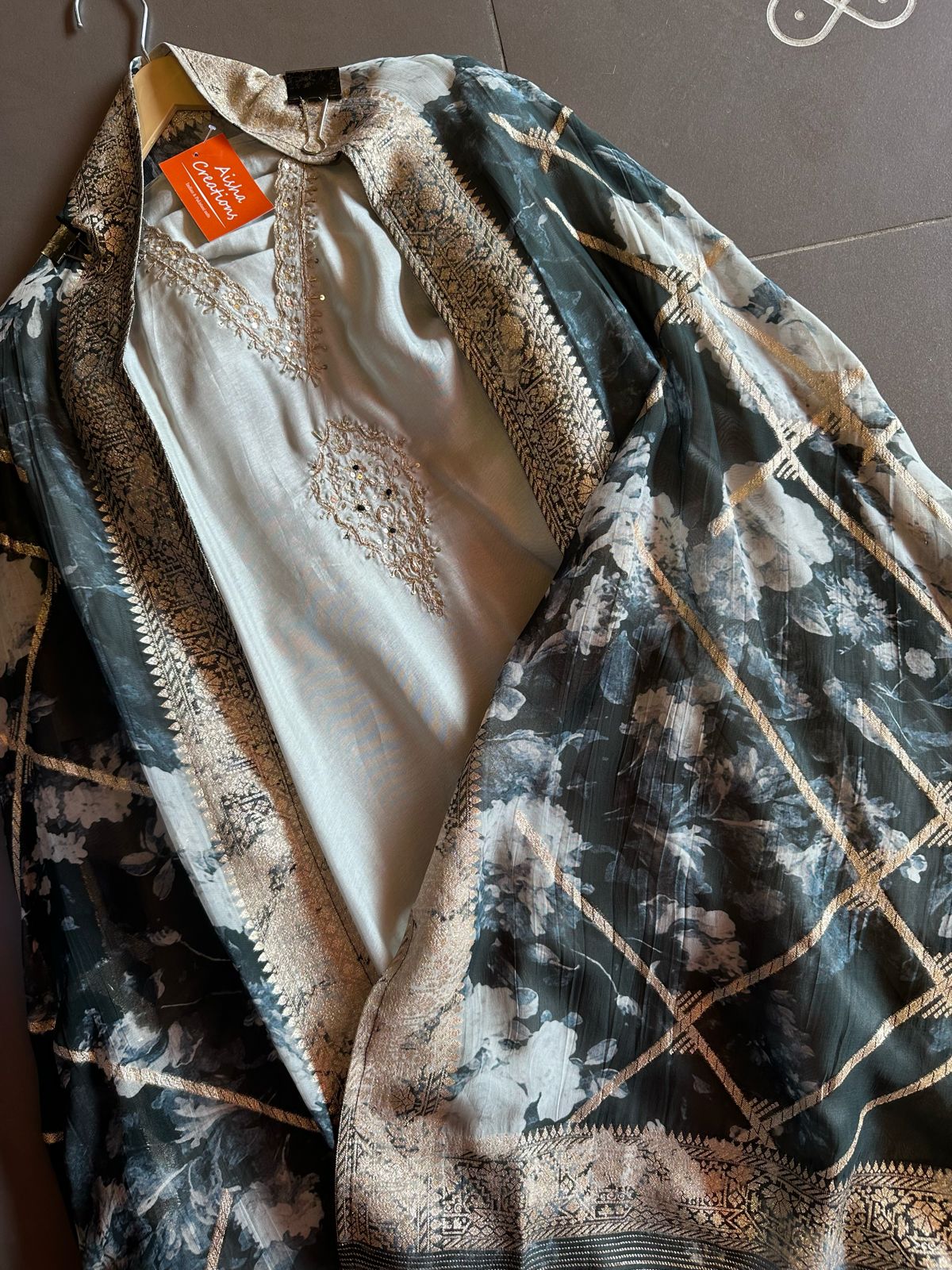 Pure silk designer unstitched shirt with beautiful hand embroidery on neck