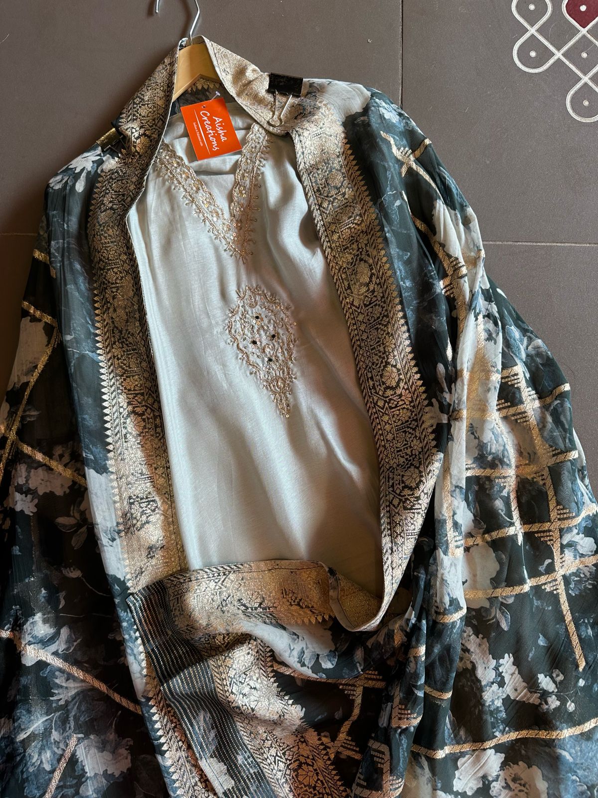 Pure silk designer unstitched shirt with beautiful hand embroidery on neck