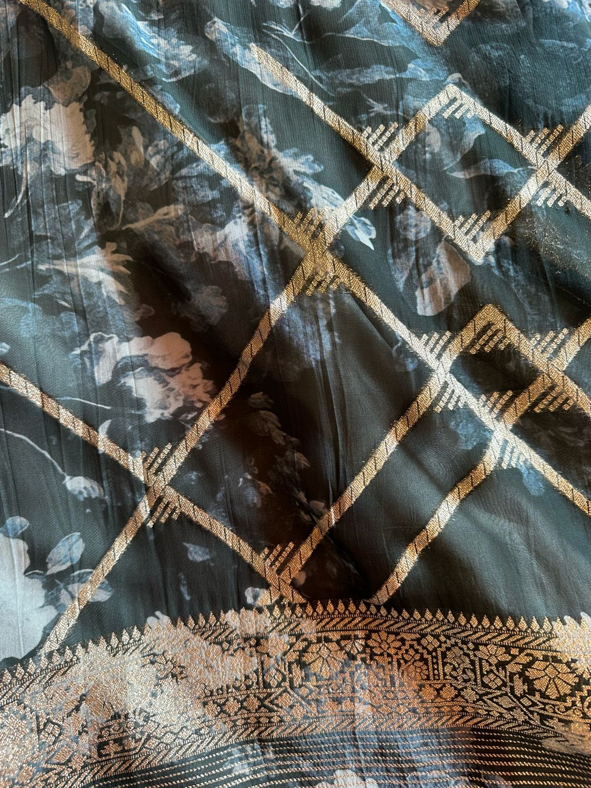 Pure silk designer unstitched shirt with beautiful hand embroidery on neck