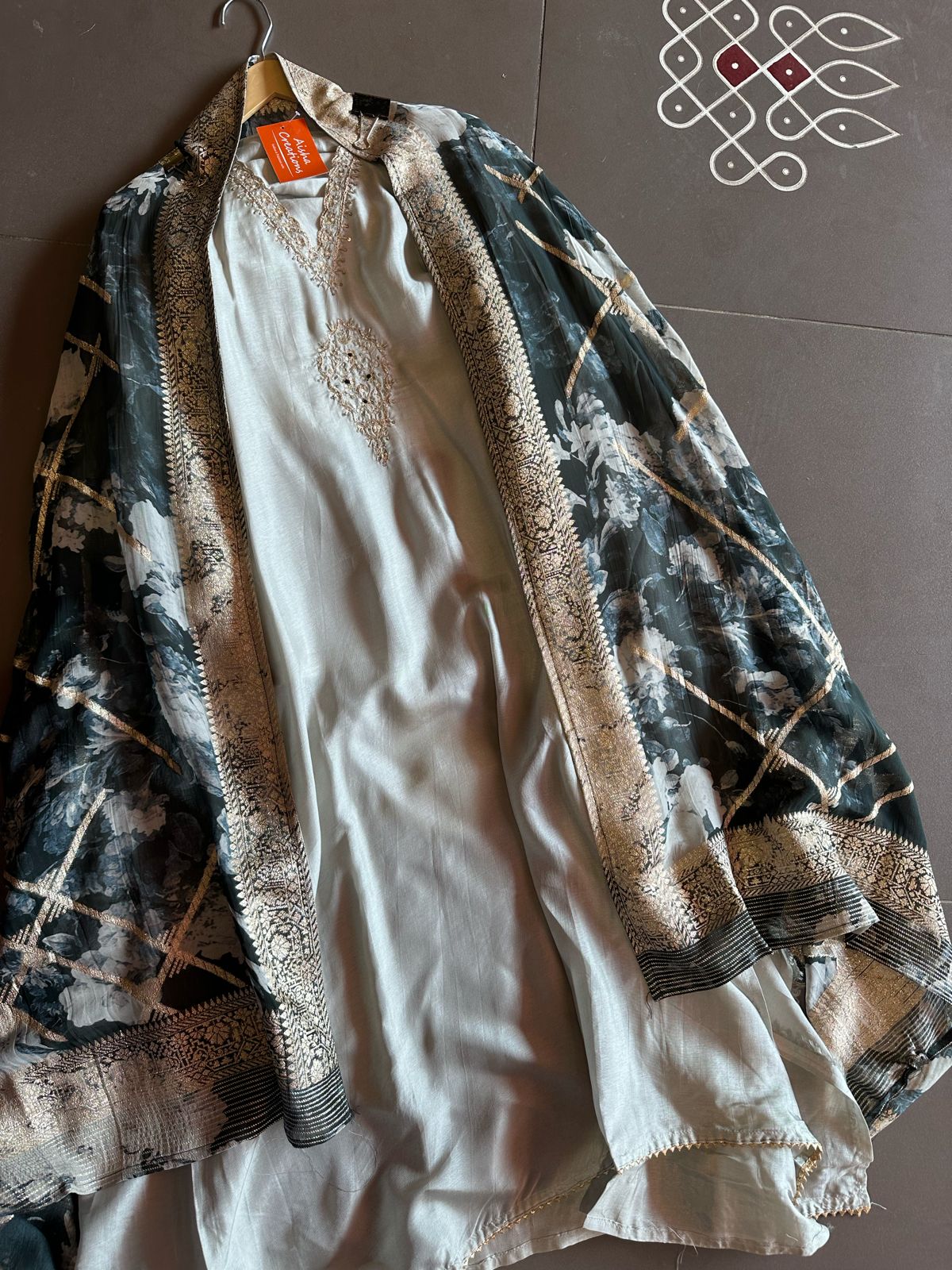 Pure silk designer unstitched shirt with beautiful hand embroidery on neck