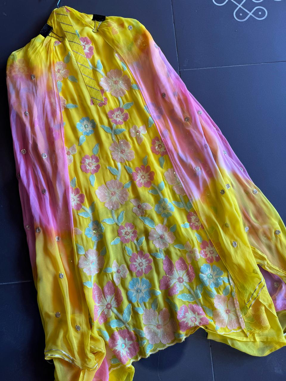 Georgette shirt with very beautiful sequence work on full shirt very neat and clean work.