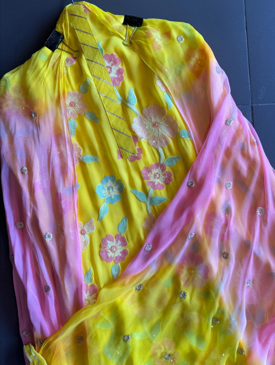 Georgette shirt with very beautiful sequence work on full shirt very neat and clean work.