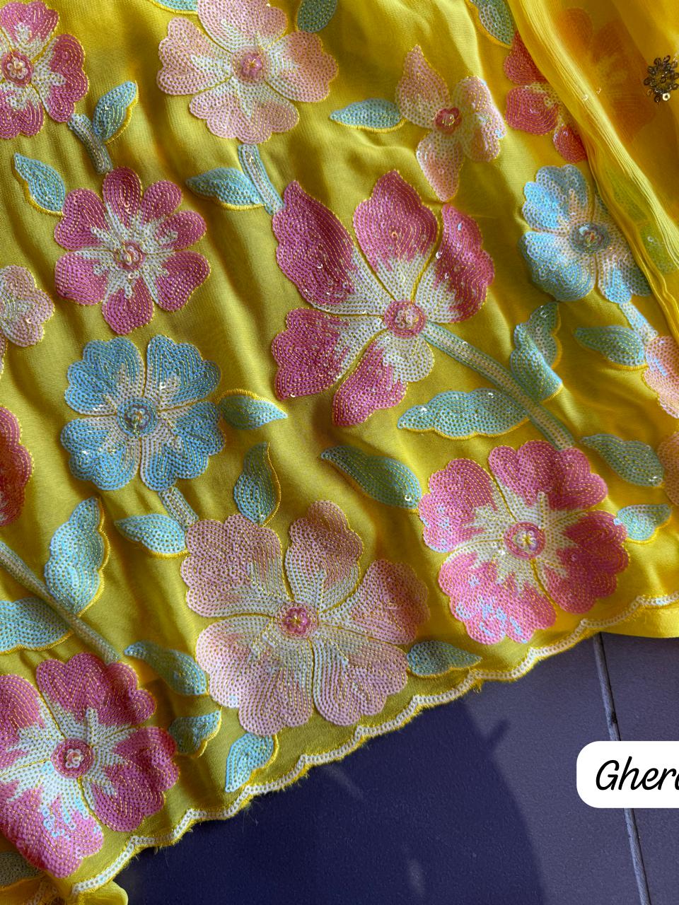 Georgette shirt with very beautiful sequence work on full shirt very neat and clean work.