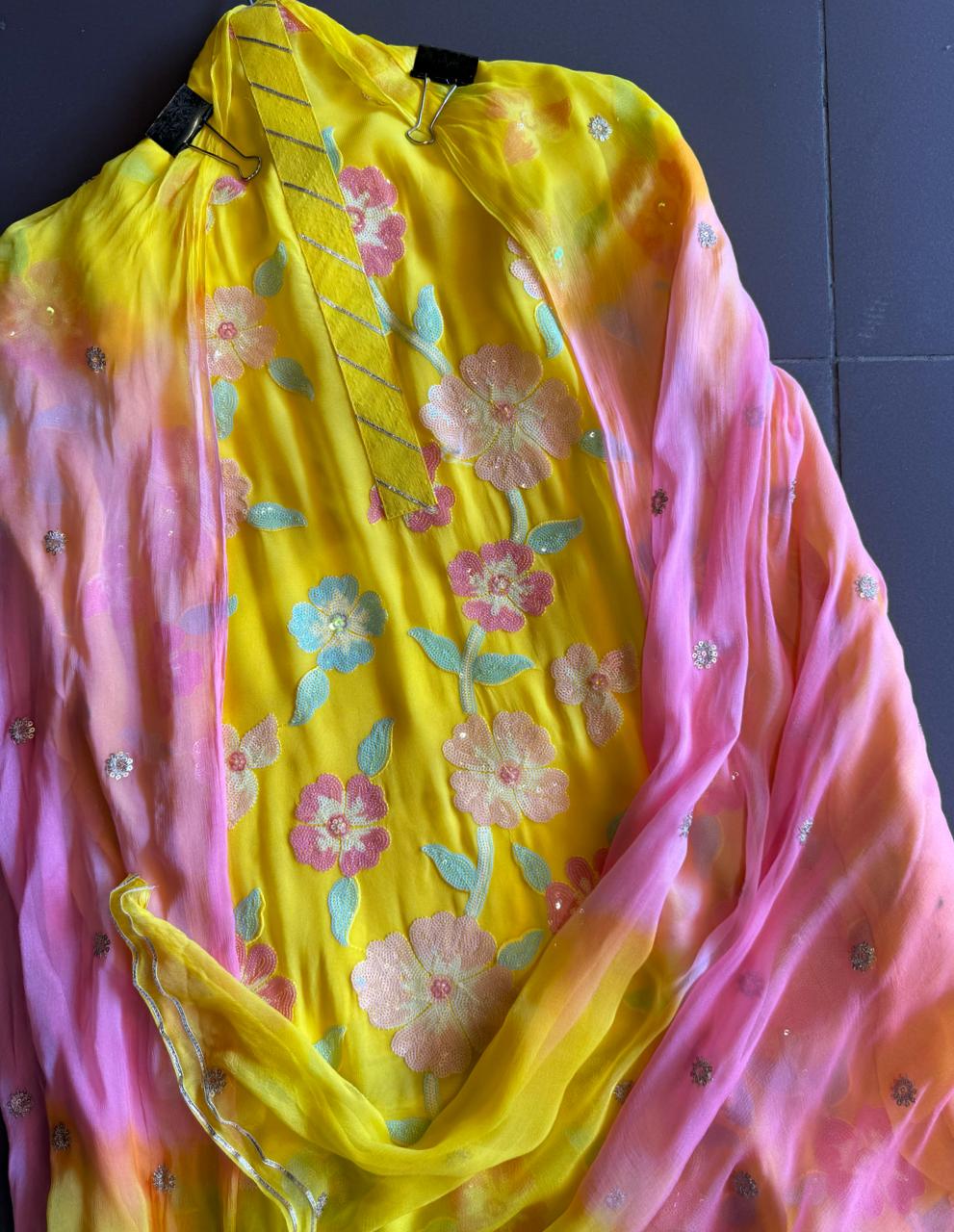 Georgette shirt with very beautiful sequence work on full shirt very neat and clean work.