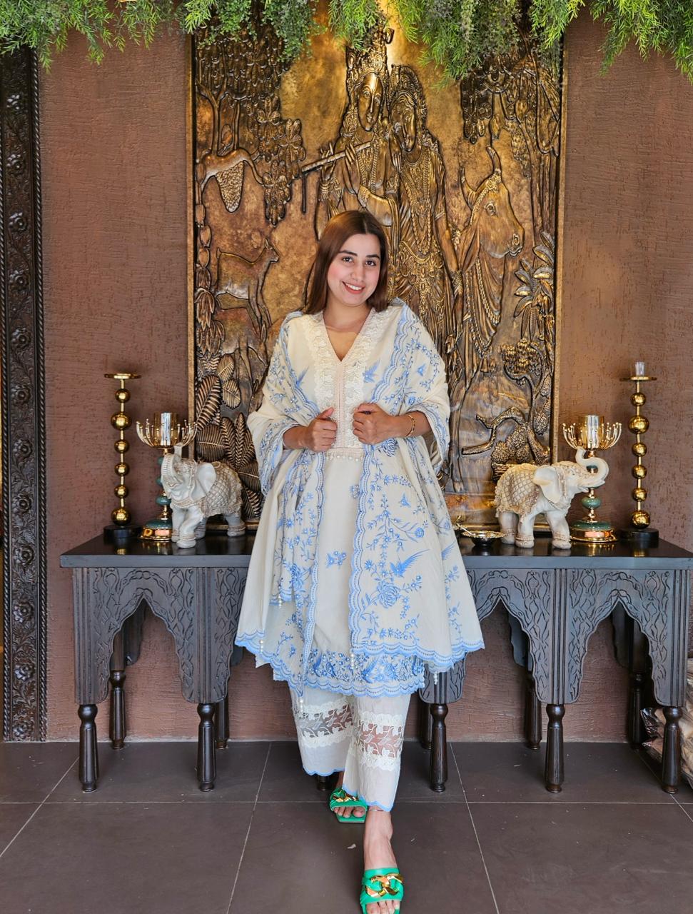 Pure cotton stitched shirt with a combination of hand and machine embroidery