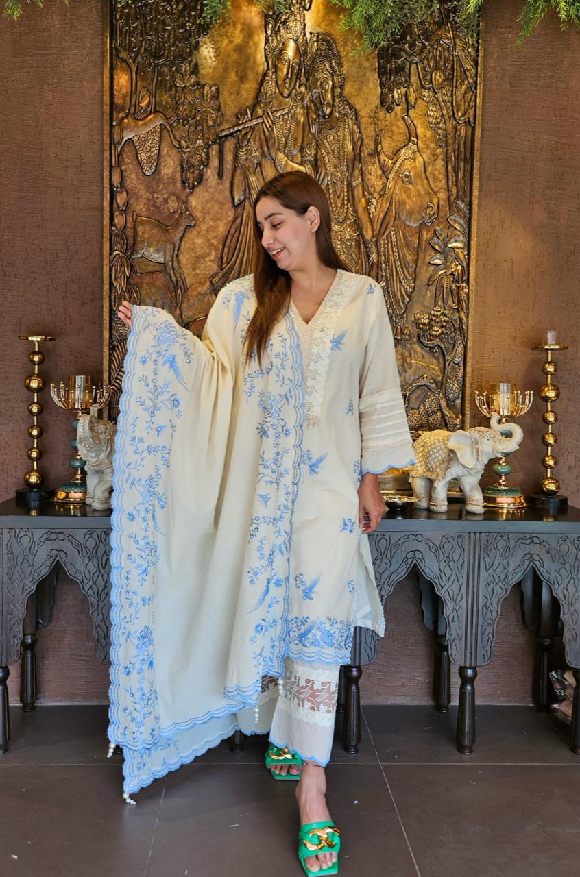 Pure cotton stitched shirt with a combination of hand and machine embroidery