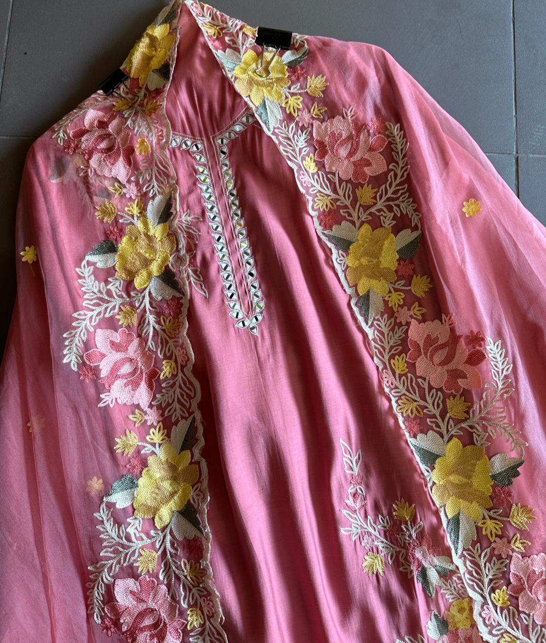 Soft cotton muslin shirt with mirror work  embroidery done on the neckline