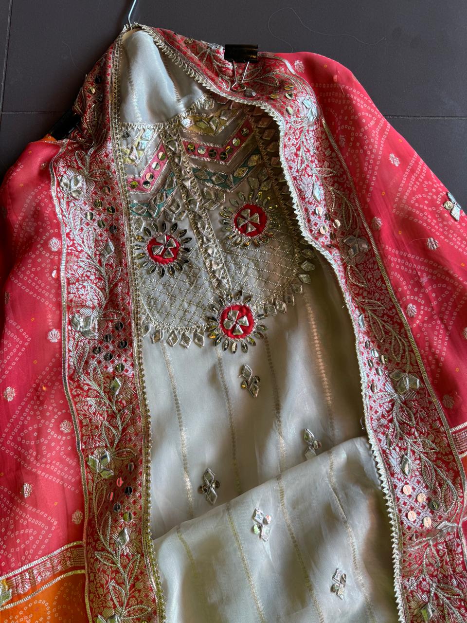 Soft and shimmery organza shirt with banarai weaving