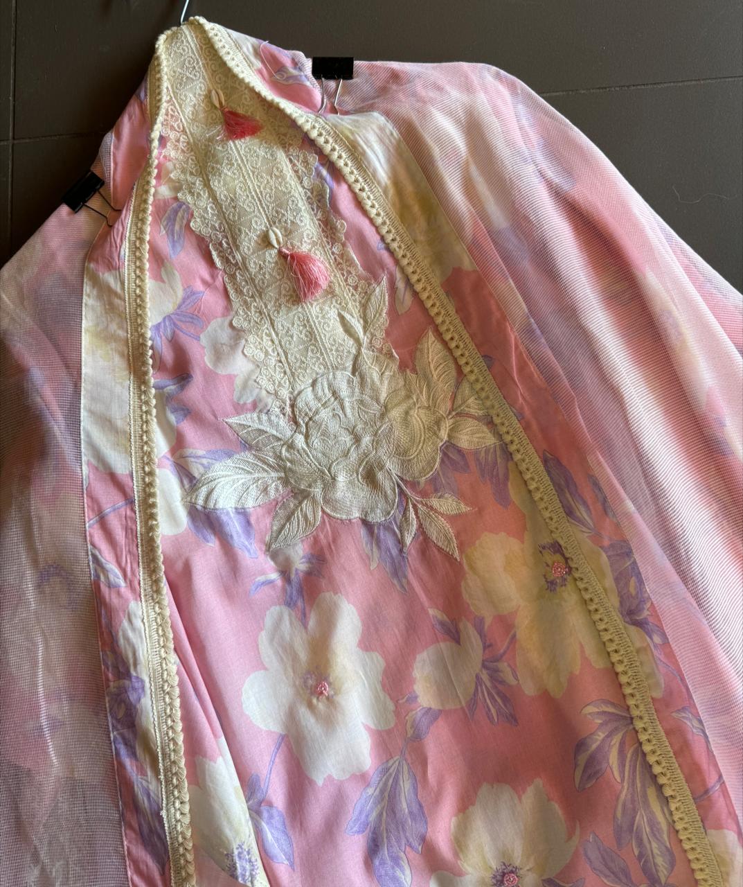 Pure cotton digital printed shirt with very beautiful lavework done on the neckline with latkans