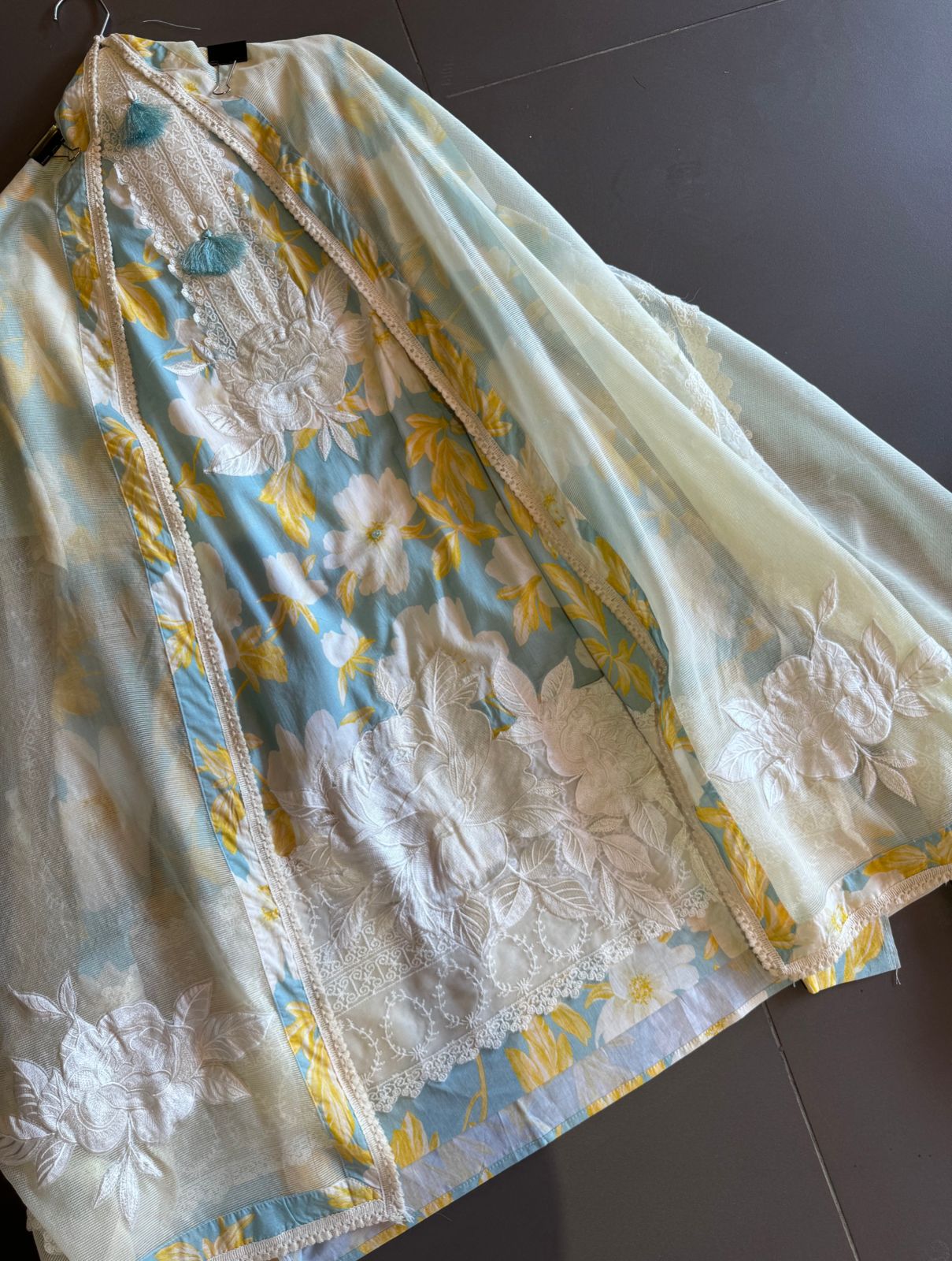 Pure cotton digital printed shirt with very beautiful lavework done on the neckline with latkans