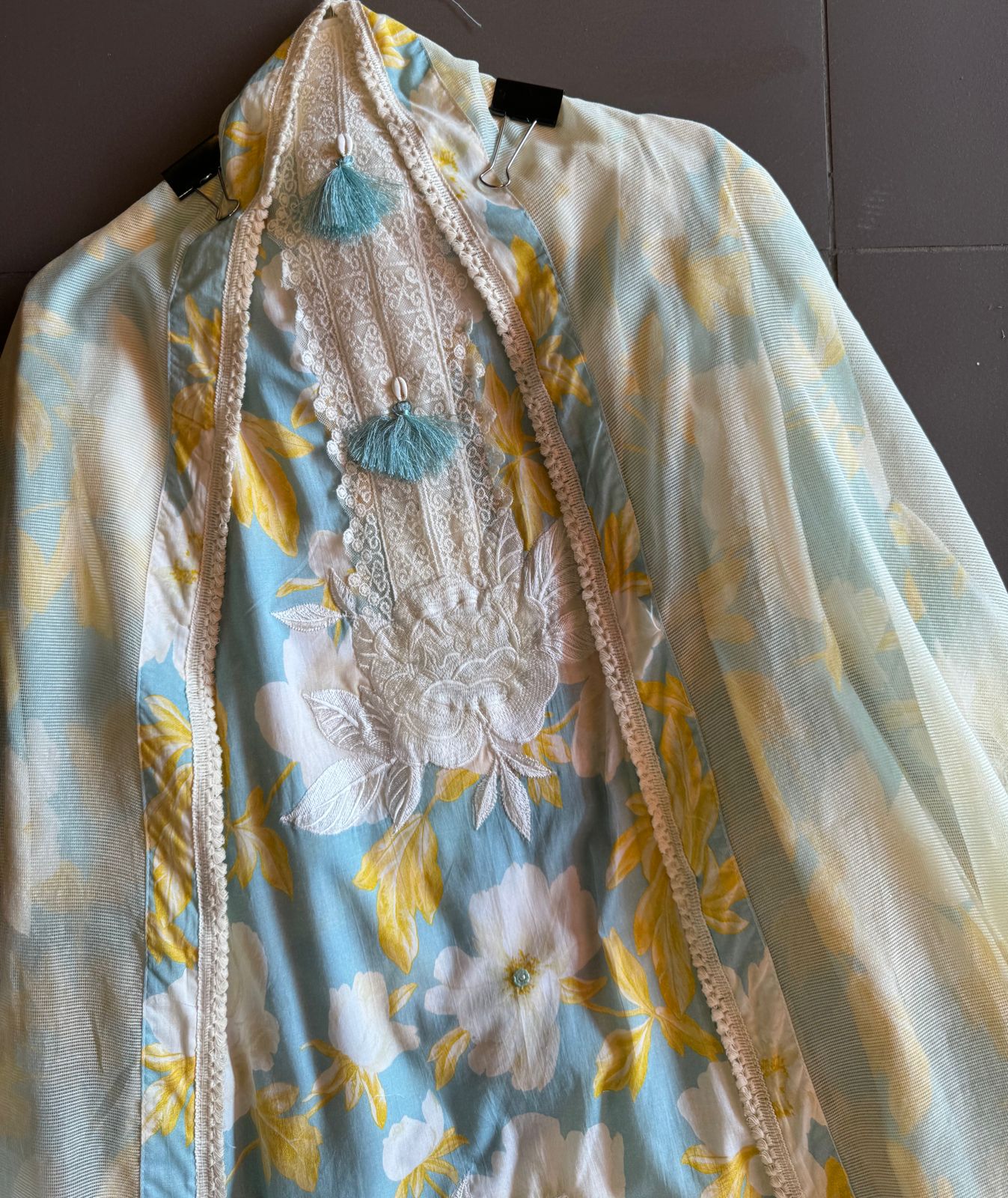 Pure cotton digital printed shirt with very beautiful lavework done on the neckline with latkans