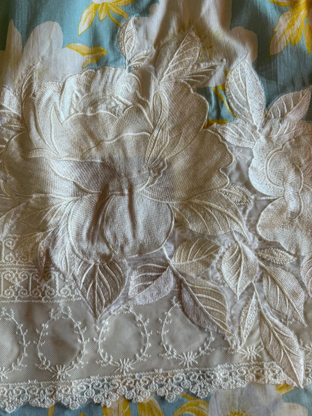 Pure cotton digital printed shirt with very beautiful lavework done on the neckline with latkans