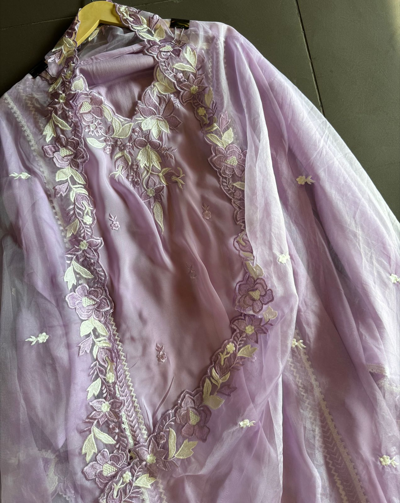 Soft organza shirt semi stitched with beautiful floral thread embroidery concept on the necklin