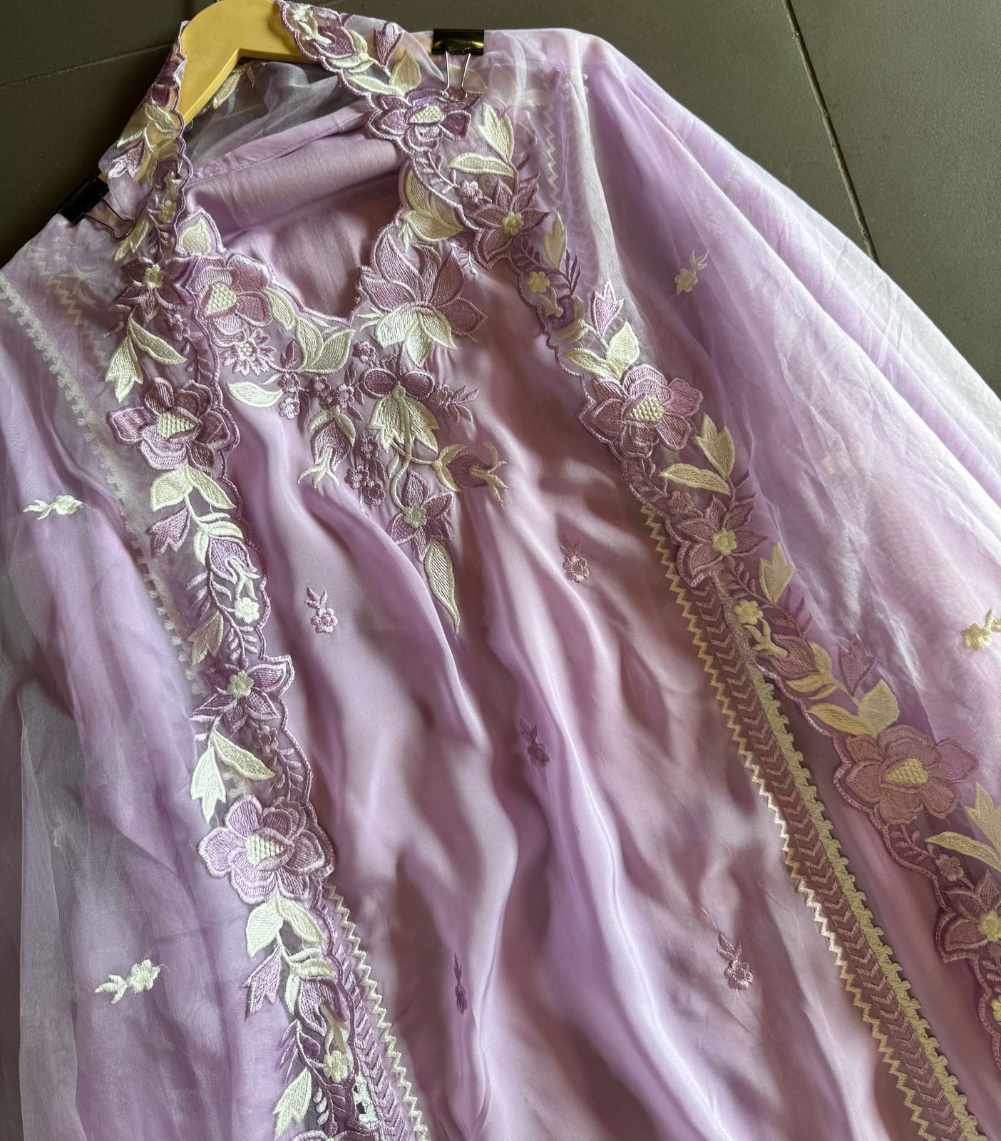 Soft organza shirt semi stitched with beautiful floral thread embroidery concept on the necklin