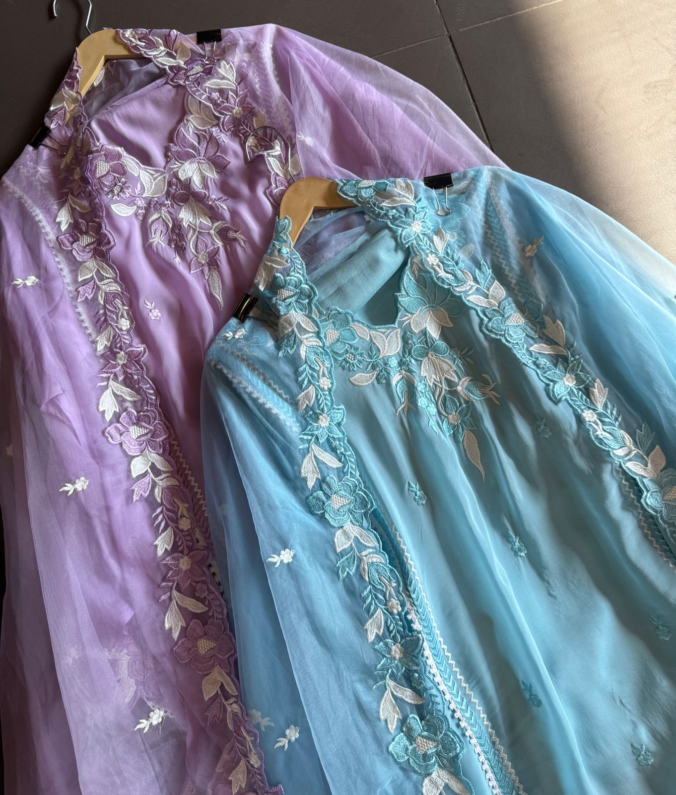 Soft organza shirt semi stitched with beautiful floral thread embroidery concept on the necklin