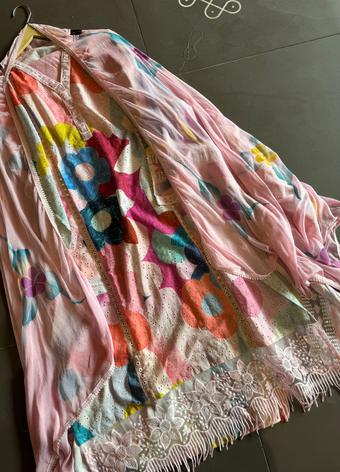 Cotton chicken coloured digital printed shirt with very beautiful lace