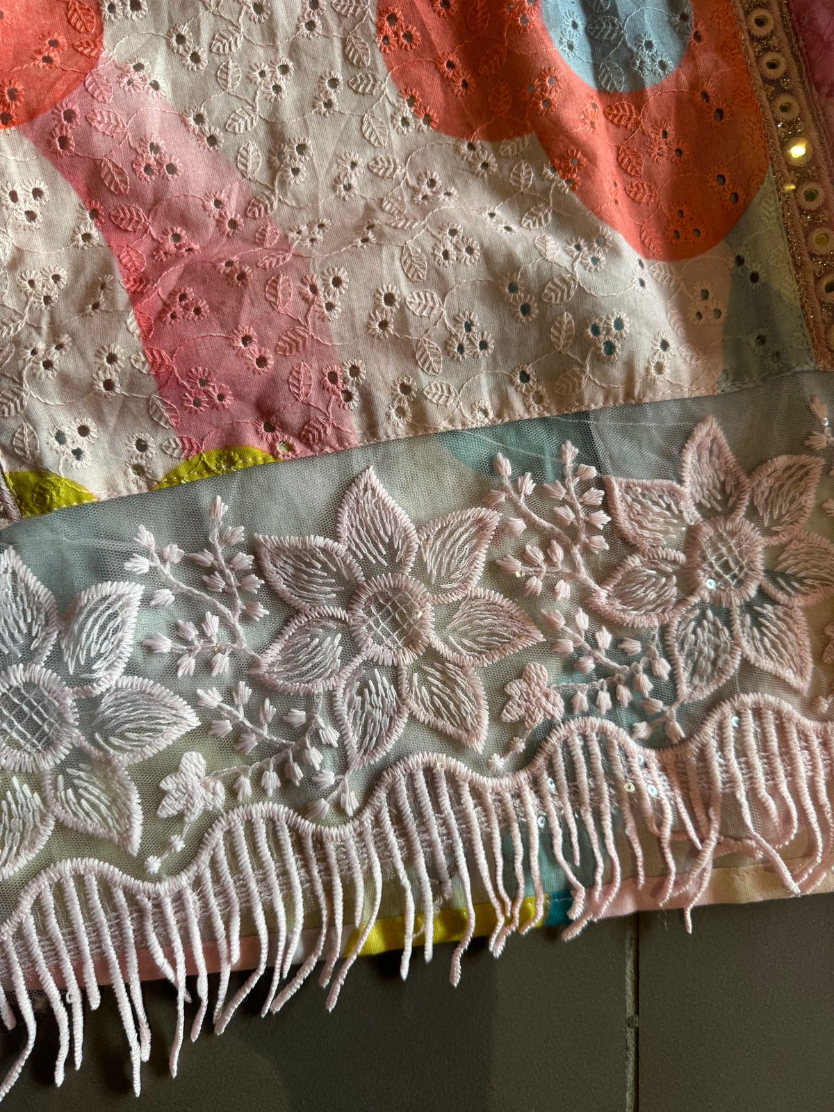 Cotton chicken coloured digital printed shirt with very beautiful lace