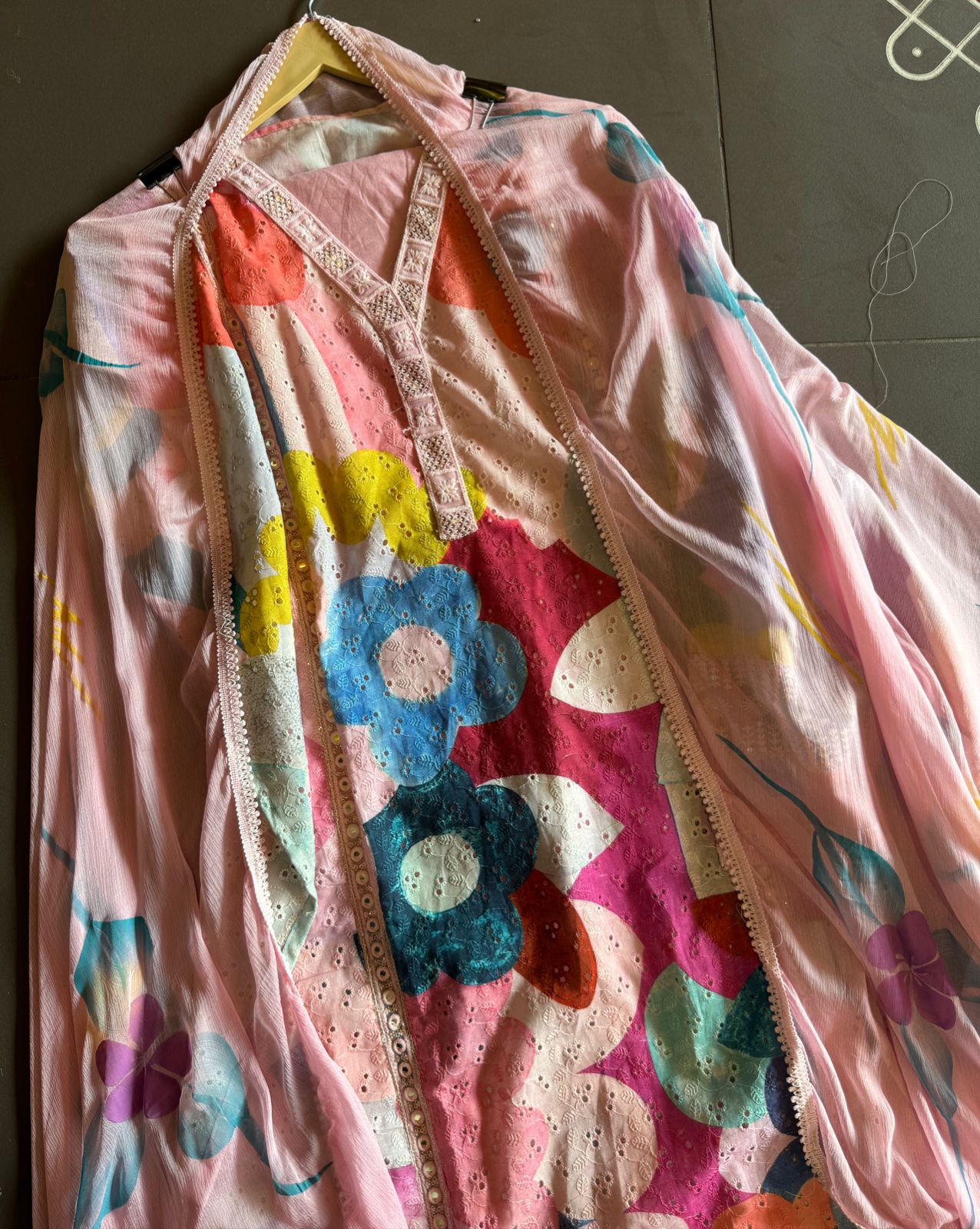 Cotton chicken coloured digital printed shirt with very beautiful lace