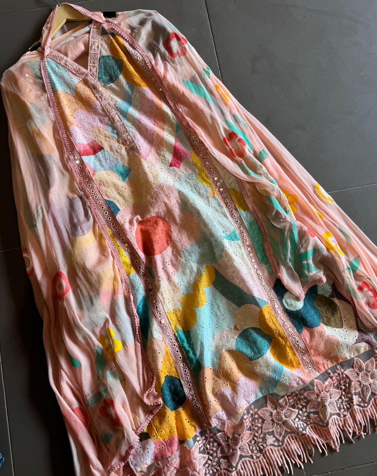 Cotton chicken coloured digital printed shirt with very beautiful lace