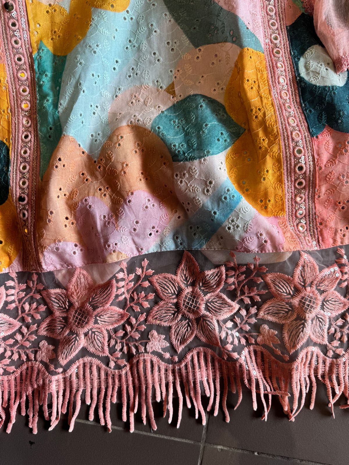 Cotton chicken coloured digital printed shirt with very beautiful lace