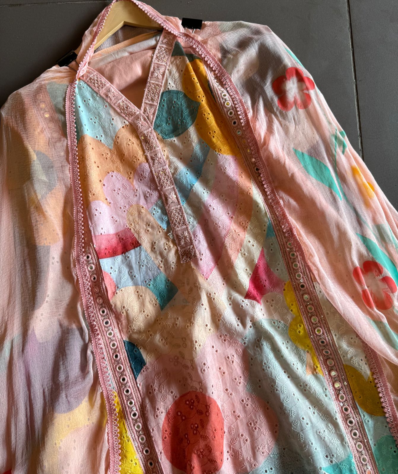 Cotton chicken coloured digital printed shirt with very beautiful lace